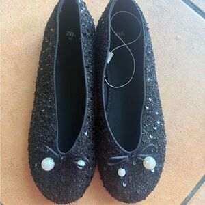 Zara Black Embellished Flats with Pearls